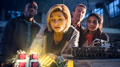 Undated BBC handout photo of Jodie Whittaker as The Doctor (centre), Bradley Walsh as Graham (second right) and Mandip Gill as Yaz (first right).