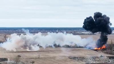 A cloud of black smoke from a Russian helicopter that has been struck down by a missile