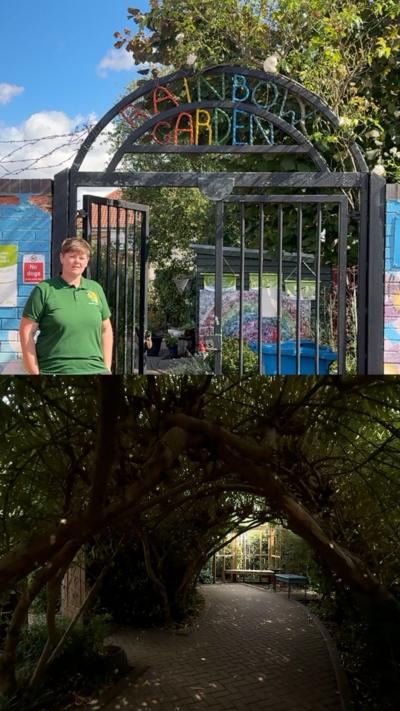 Emma Jenkins stands outside The Rainbow Garden. Cut out is the view under willow tunnel featured in the video.
