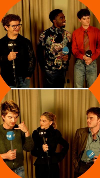 Splitscreen of the cast of Stranger Things standing in front of a gold curtain