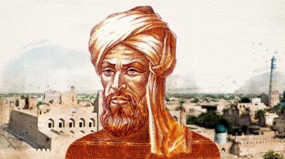 Illustration of a man with a beard wearing a head scarf in front of a Persian town