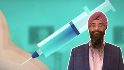 Dr Dilsher Singh in front of a vaccine graphic