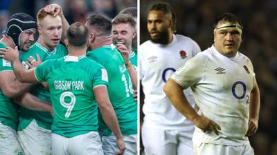 Ireland players (left) & Jamie George (right)