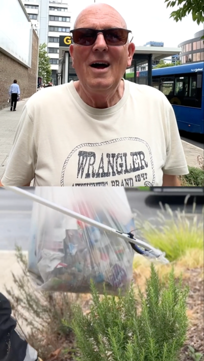 A composite image of a man smiling and someone picking up litter with a litter picker.