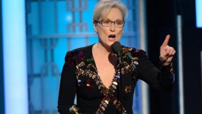 A handout photo made available by the Hollywood Foreign Press Association (HFPA) on 09 January 2017 shows Meryl Streep accepting the Cecil B. DeMille Lifetime Achievement Award