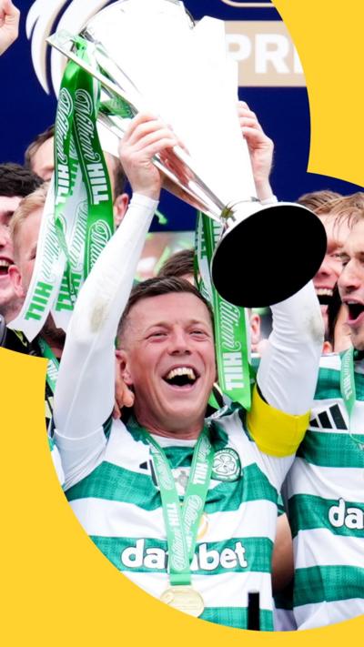 Celtic player lifting the trophy for winning the league 