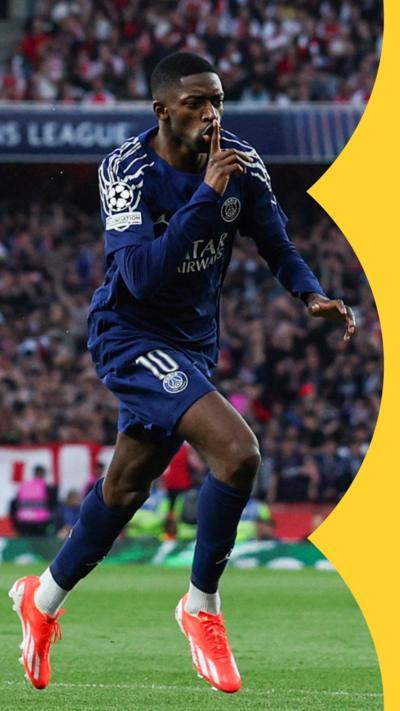 Ousmane Dembélé celebrating on the pitch making a shhhhh motion