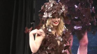 Model wears clothes made entirely from chocolate