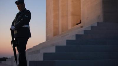 Member of the Canadian armed forces at the Vimy Ridge memorial, northern France (8 April)