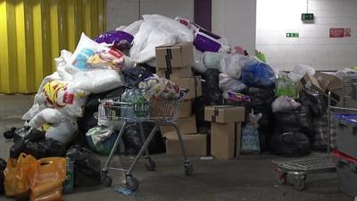 Piles of donated items