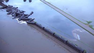 Derailed train cars