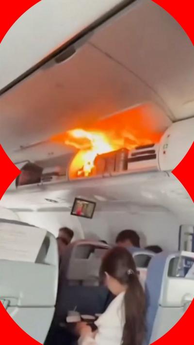 A fire caused by a lithium battery in an overhead locker inside an aeroplane cabin.