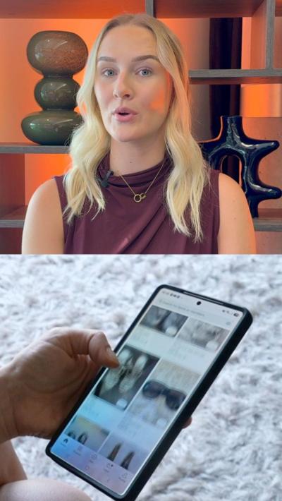 Split-screen image of a reporter at the top and a mobile phone browsing apps
