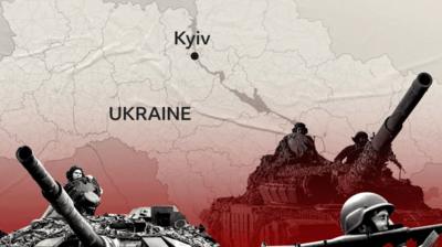 Map of Ukraine with image of tanks in foreground