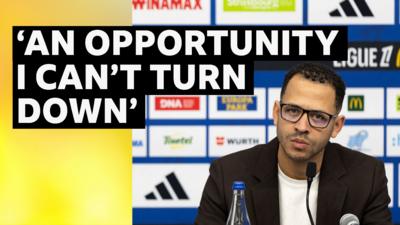 A composite image of Liam Rosenior at a press conference, with headline text added.