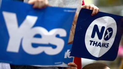 Yes and No signs from Scotland"s independence referendum in 2014