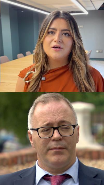 Aimee Bell is in the top image with long brown hair, she is wearing an orange top in front of a wooden table. Below is Tom Bennett he is wearing black square glasses, a white shirt, a red tie and a navy blazer. 