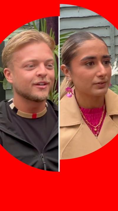 A composite image of a man, George, and a woman, Imaan, being interviewed 