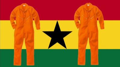 Orange jumpsuits overlaid on image of Ghana's red, yellow and green flag