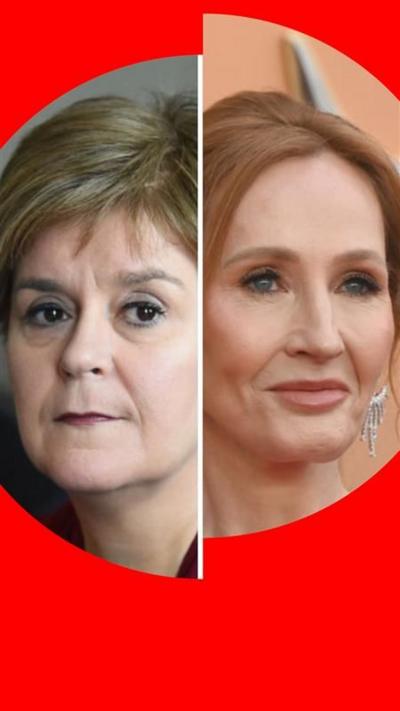 Vertical split screen image: Nicola Sturgeon on the left, JK Rowling on the right.