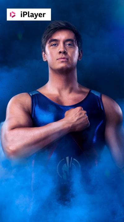 Promotional image of Gladiator Apollo with his fist on his heart, surrounded in blue smoke