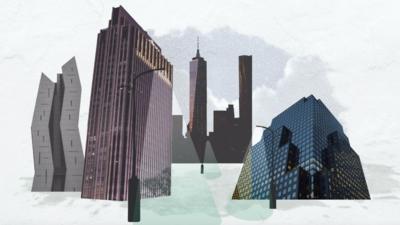 Graphical artwork representing modern city buildings