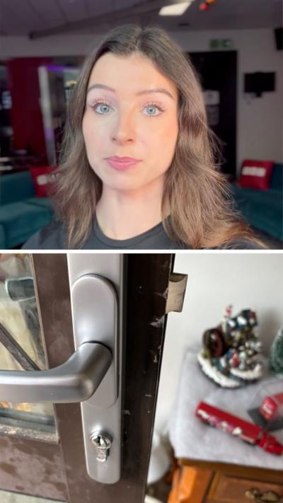Split image of female report looking serious alongside image of a door lock.