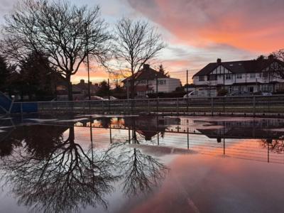 Huge puddle in a road in front of a row of houses reflecting the surrounding trees and sunlight above