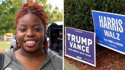 Split screen of a woman smiling and Harris and Trump signs 