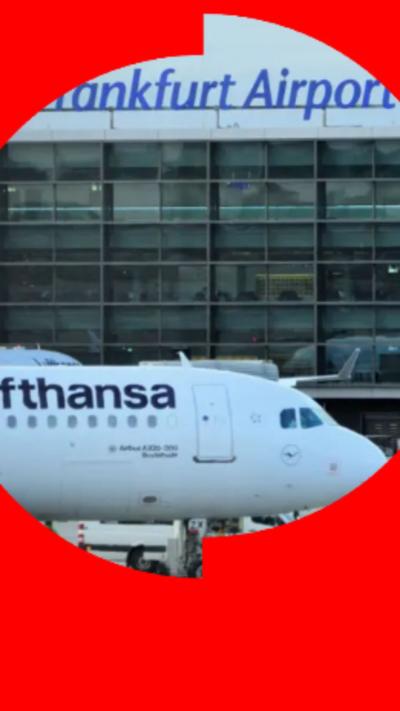An airplane on the tarmac in front of a sign which reads 'Frankfurt Airport'