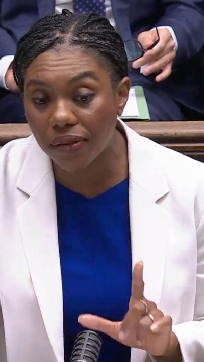 Badenoch speaking in the House of Commons, pointing her finger
