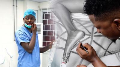 Split screen Fola David as doctor/artist