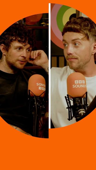 Splitscreen of Tom Grennan and Roman Kemp in a comfortable podcast studio