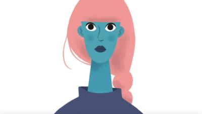 Graphical illustration of a woman with blue skin and pink hair