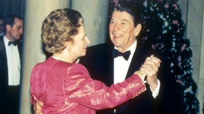 Regan and Thatcher dancing 1988