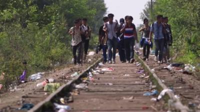 Migrants walking along train tracks in Hungary