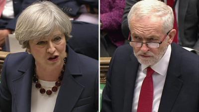 Theresa May and Jeremy Corbyn at PMQs