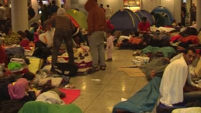 Migrants at Budapest's Keleti station camping out