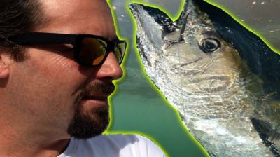 Tuna fisher Rick Le Ray (left) and the tuna he caught (right)