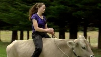 Hannah Simpson riding a cow