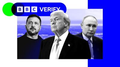 A composite image of Volodymyr Zelenskyy, Donald Trump and Vladimir Putin with BBC Verify branding