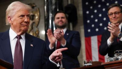 Donald Trump points and grins to the side as JD Vance and Mike Johnson clap behind him.