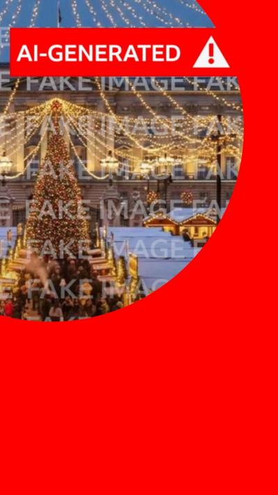 An AI-generated image of a fake Christmas market at Buckingham Palace, with the tag 'AI GENERATED' over it and watermarks reading 'FAKE IMAGE'.