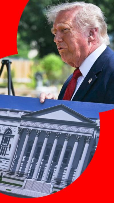 Donald Trump shows a picture of White House ballroom