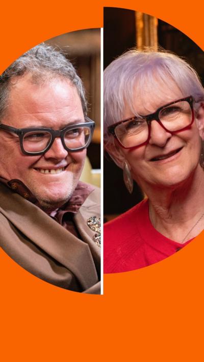 Splitscreen showing Alan Carr on the left and Linda Rands on the right. They are both wearing glasses and have short hair