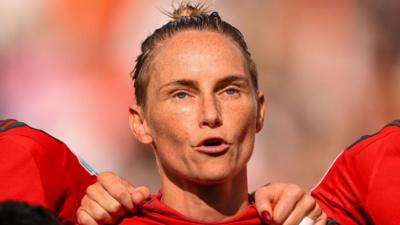 Jess Fishlock sings the Welsh national anthem before the Euro 2025 loss to the Netherlands