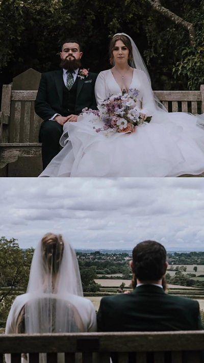 Split image showing married couple sitting on bench, from front and behind.