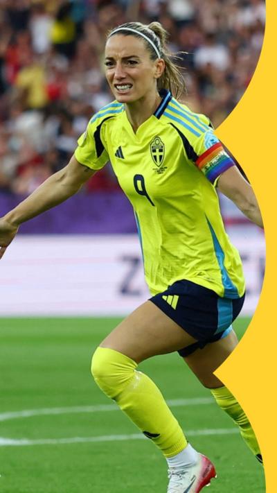 Sweden's Kosovare Asllani celebrates scoring their first goal with Sweden's Johanna Rytting