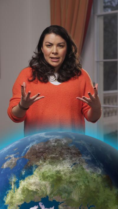 Presenter Cecilia Reed with a graphic of the Earth