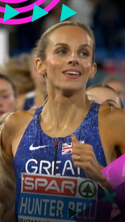 Georgia Hunter Bell smiles as she finishes first in the women's 1500m final at the European Championships.